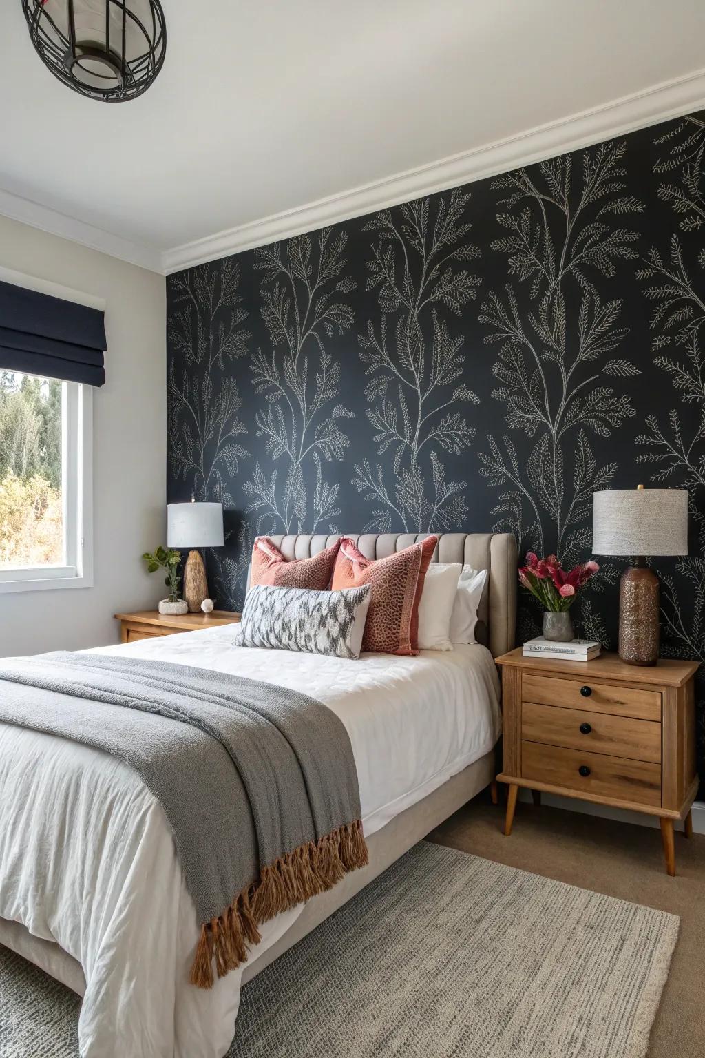 An accent wall featuring bold wallpaper establishes a striking focal point.