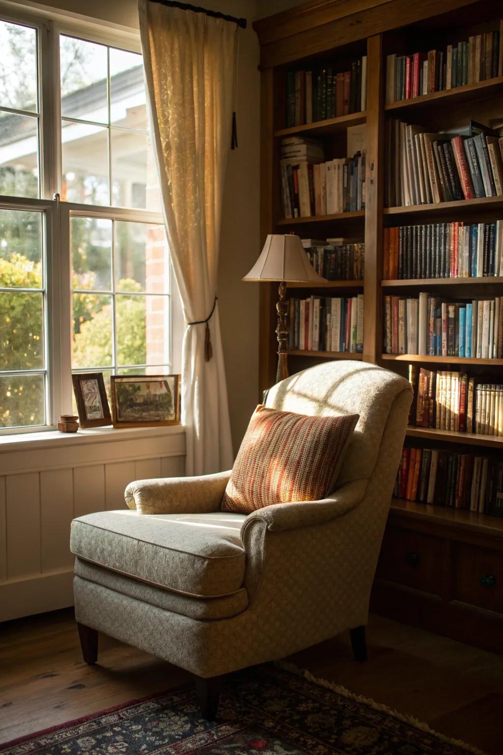 A cozy reading nook with a comfortable chair and bookshelves.