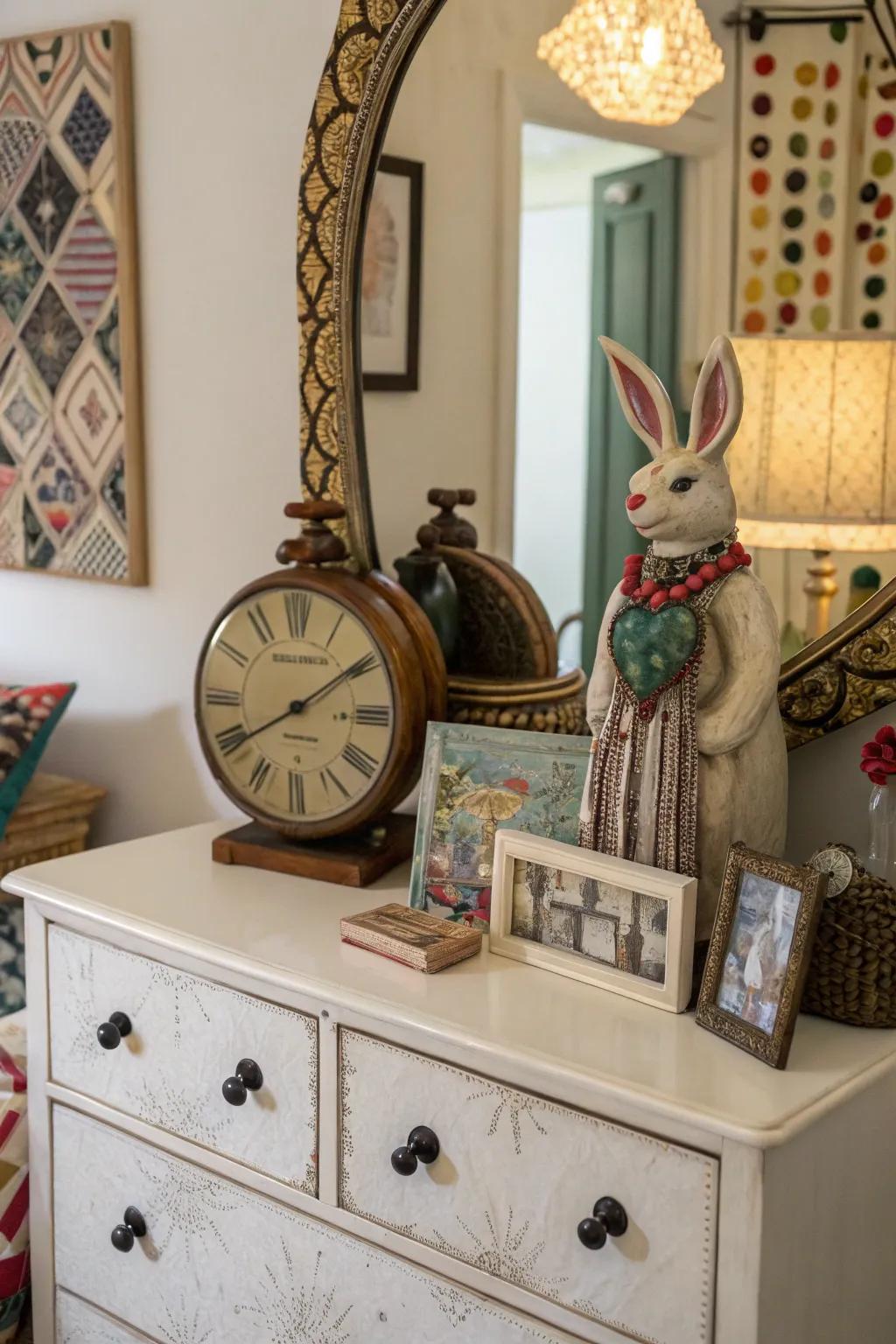 Surprising decor items infuse character and intrigue into the dresser setting.