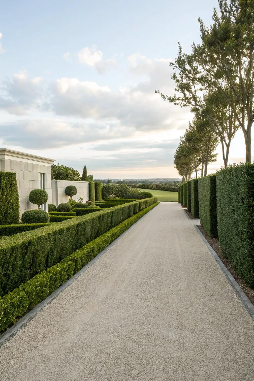 Minimalist hedges offering a pristine, tranquil driveway border.