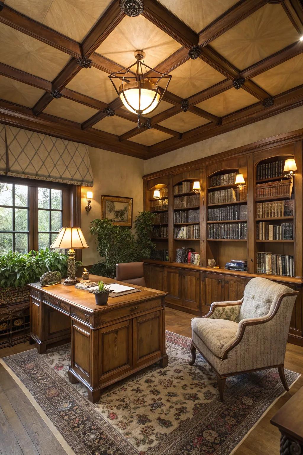 Lumber embellishments contribute warmth to this welcoming study.