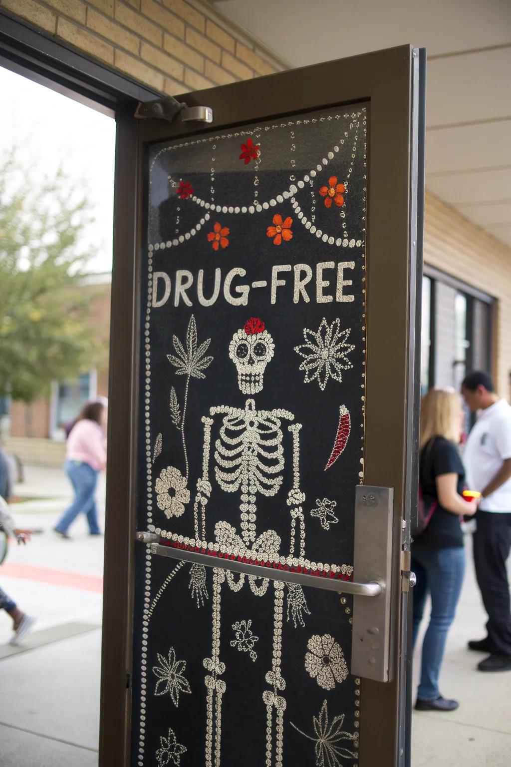 An entryway centered around skeletons by a serious abstinence message.