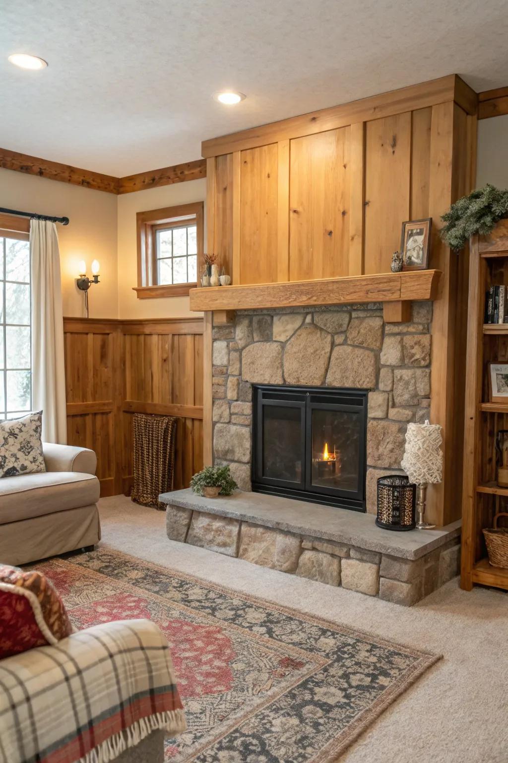 Board and batten accents adding cottage charm to a sheetrock fireplace.