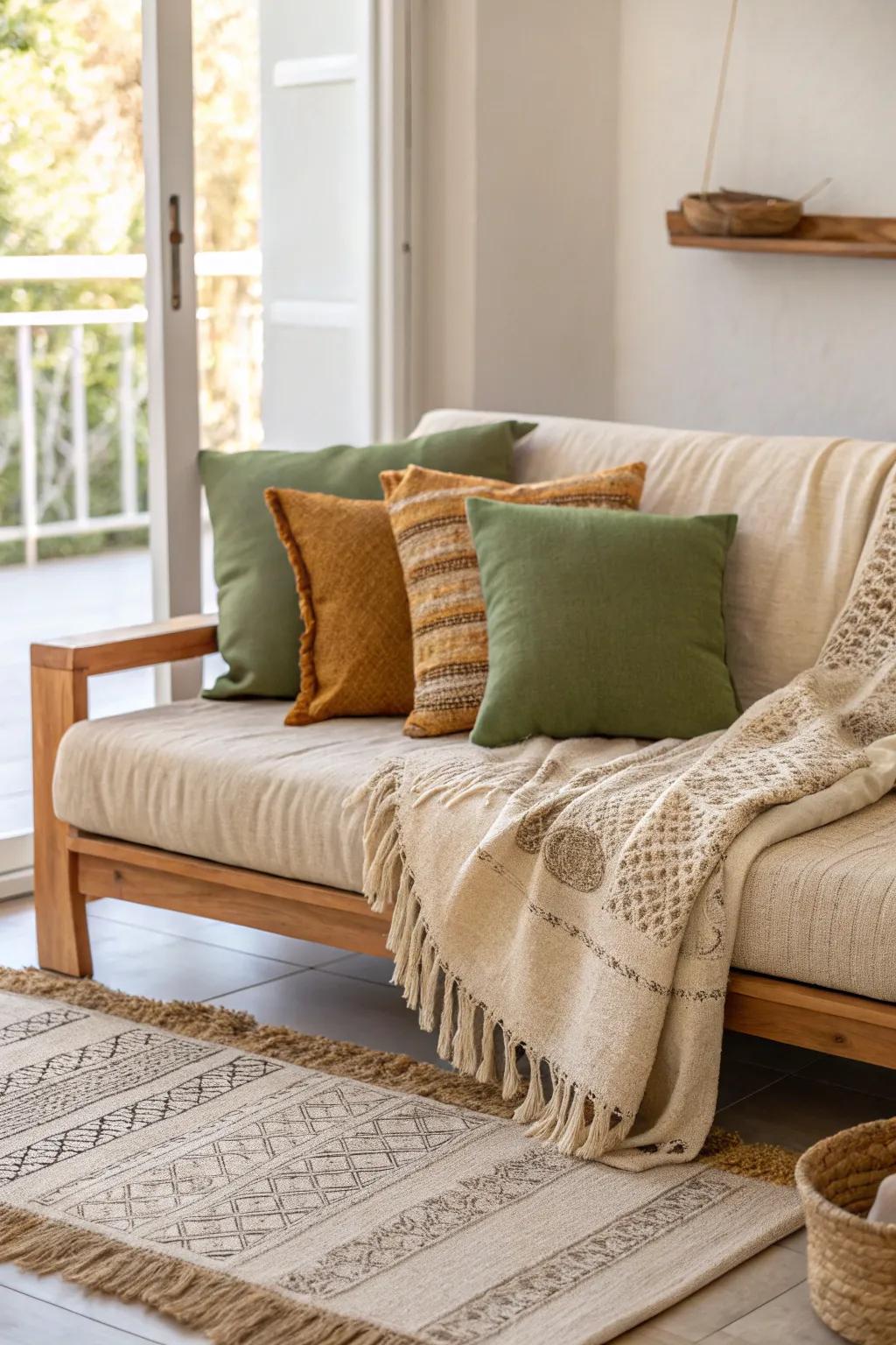 Infuse depth with woven textures for a snug vibe. 🧶 #TextileLover #CozyDecor #EarthTones