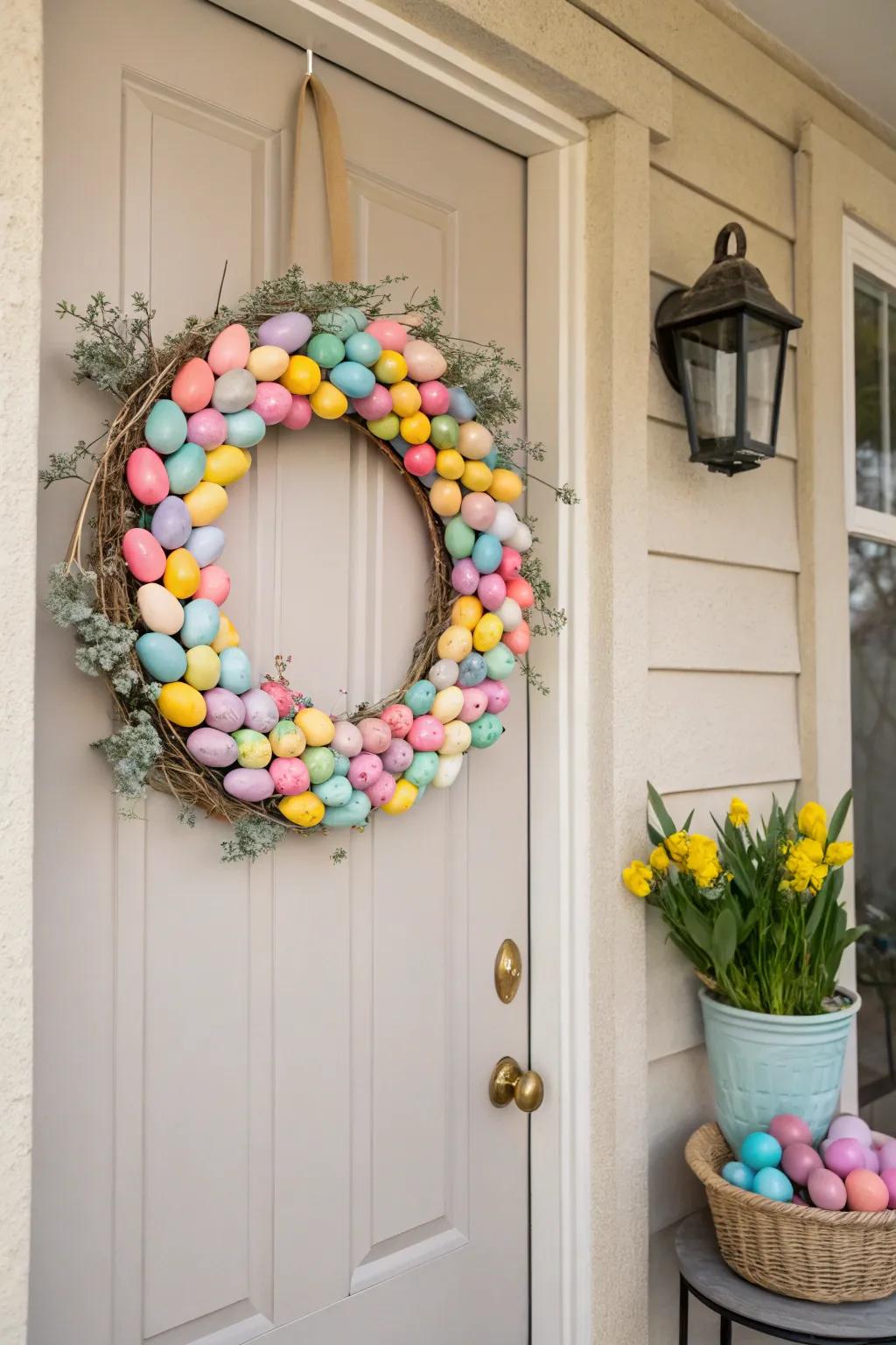 A multi-colored egg wreath delivers a vibrant Easter cheer to the door.