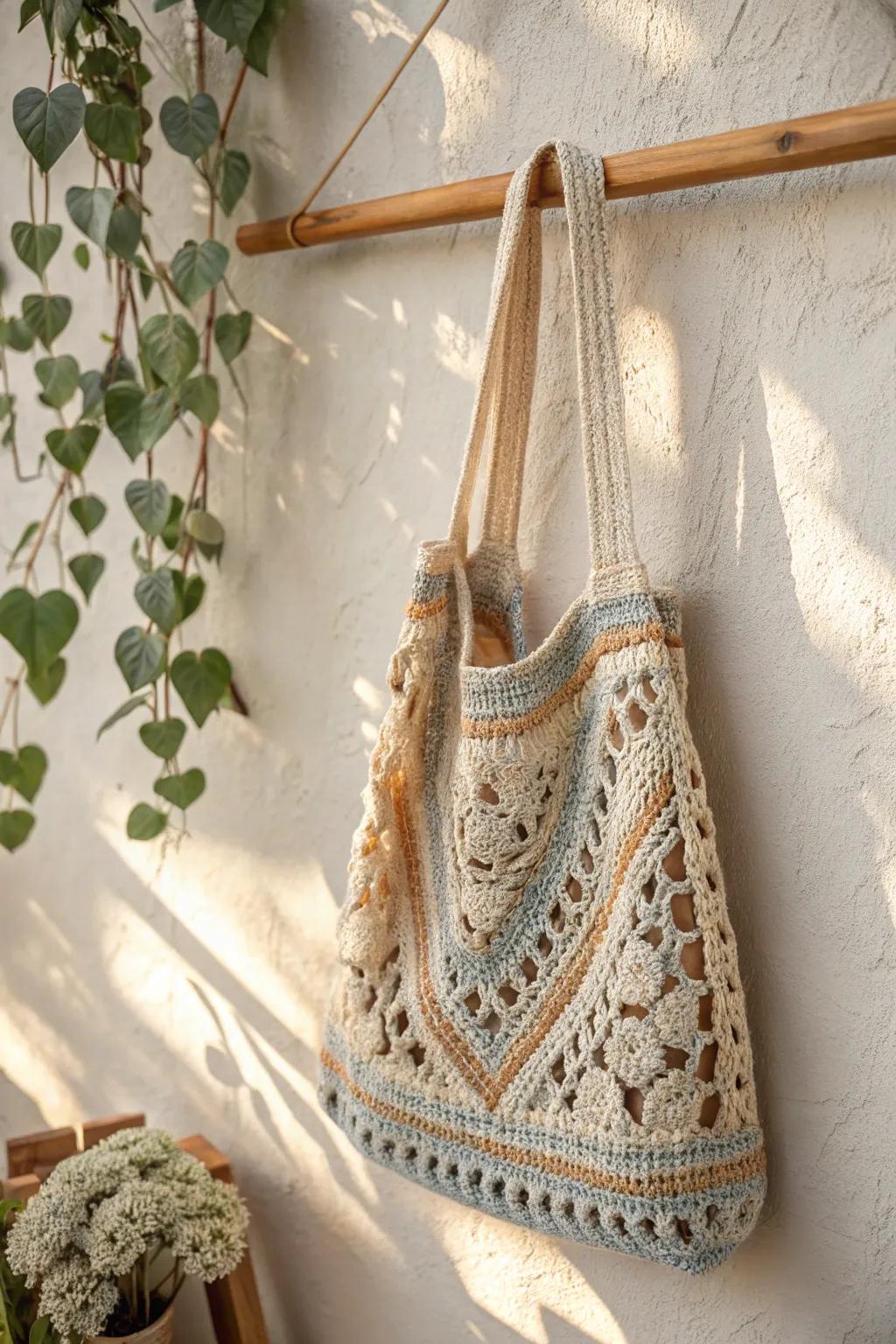 Enhance your market trips with a delightful crochet carry-all that blends simplicity and style effortlessly.