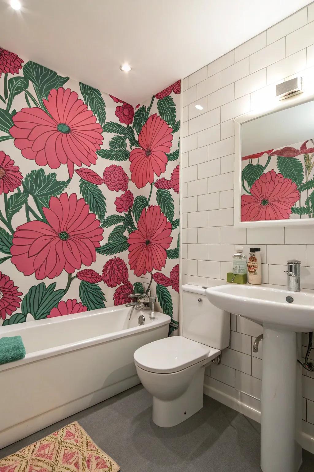 A washroom displaying eye-catching flowered wallpaper for added effect.