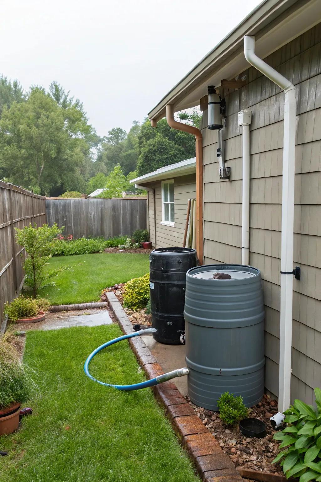 A backyard scenario displaying a functional rainwater collection system, complete with storage tanks.