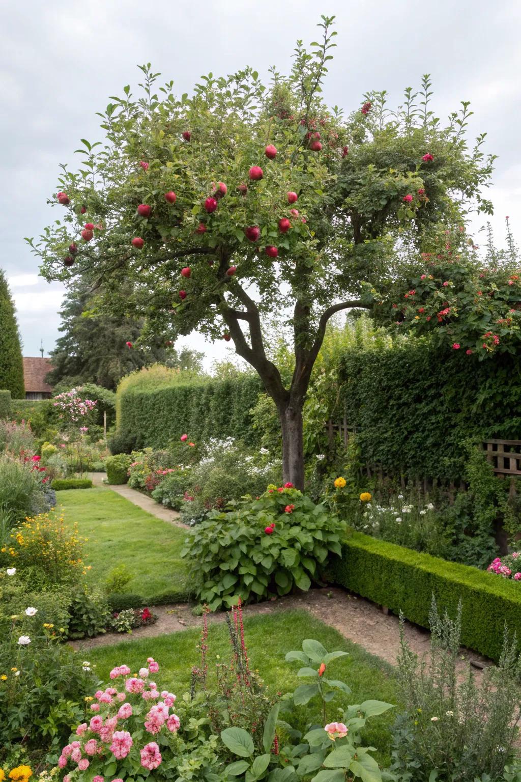 Fruit trees add focus and deliver seasonal harvests.