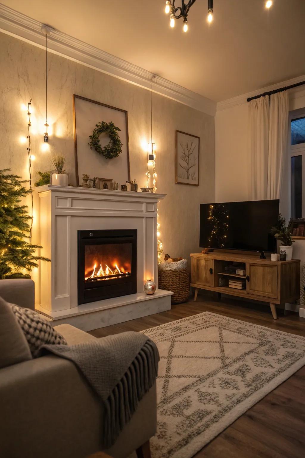 Gentle illumination that accentuates the fireplace's warmth.