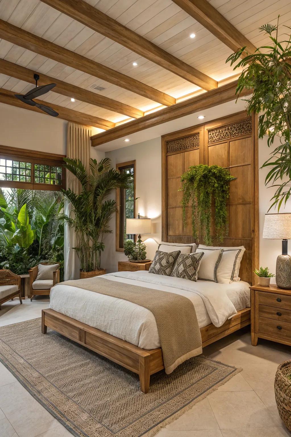 A luxury bedroom featuring natural wooden accents and lush indoor plants.
