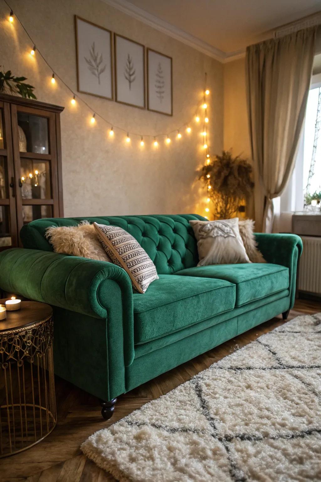 A cozy nook with an emerald green sofa invites relaxation.