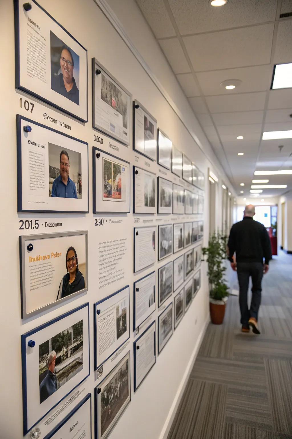 A timeline display showcasing significant milestones in team members' careers.