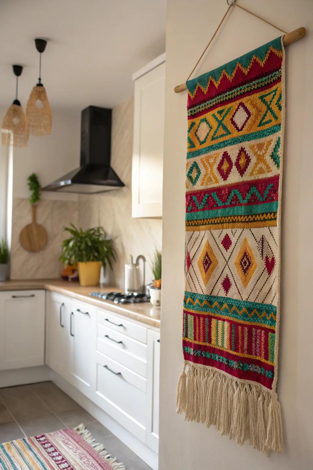 A tapestry enriches the texture and visual interest of a cooking area.