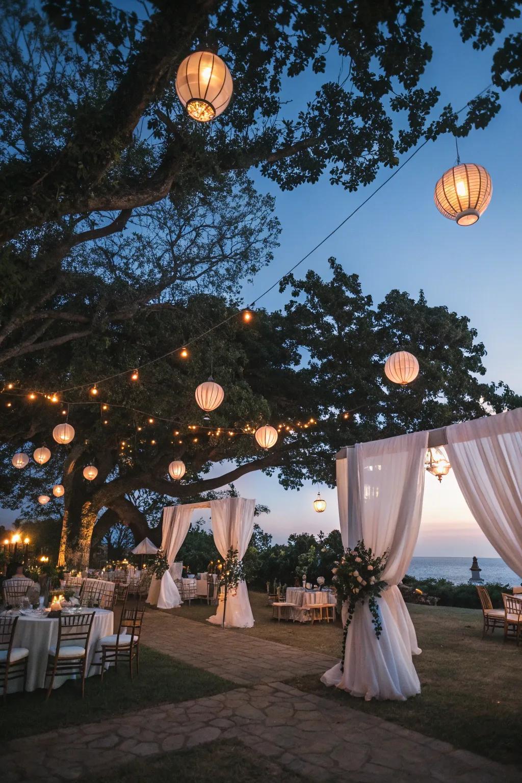 Dangling lights contribute a magical glow to the night.