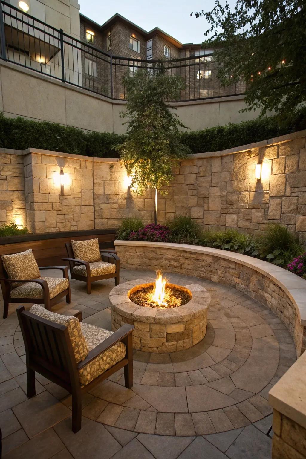 Gather around a central fire pit for warmth and ambiance.
