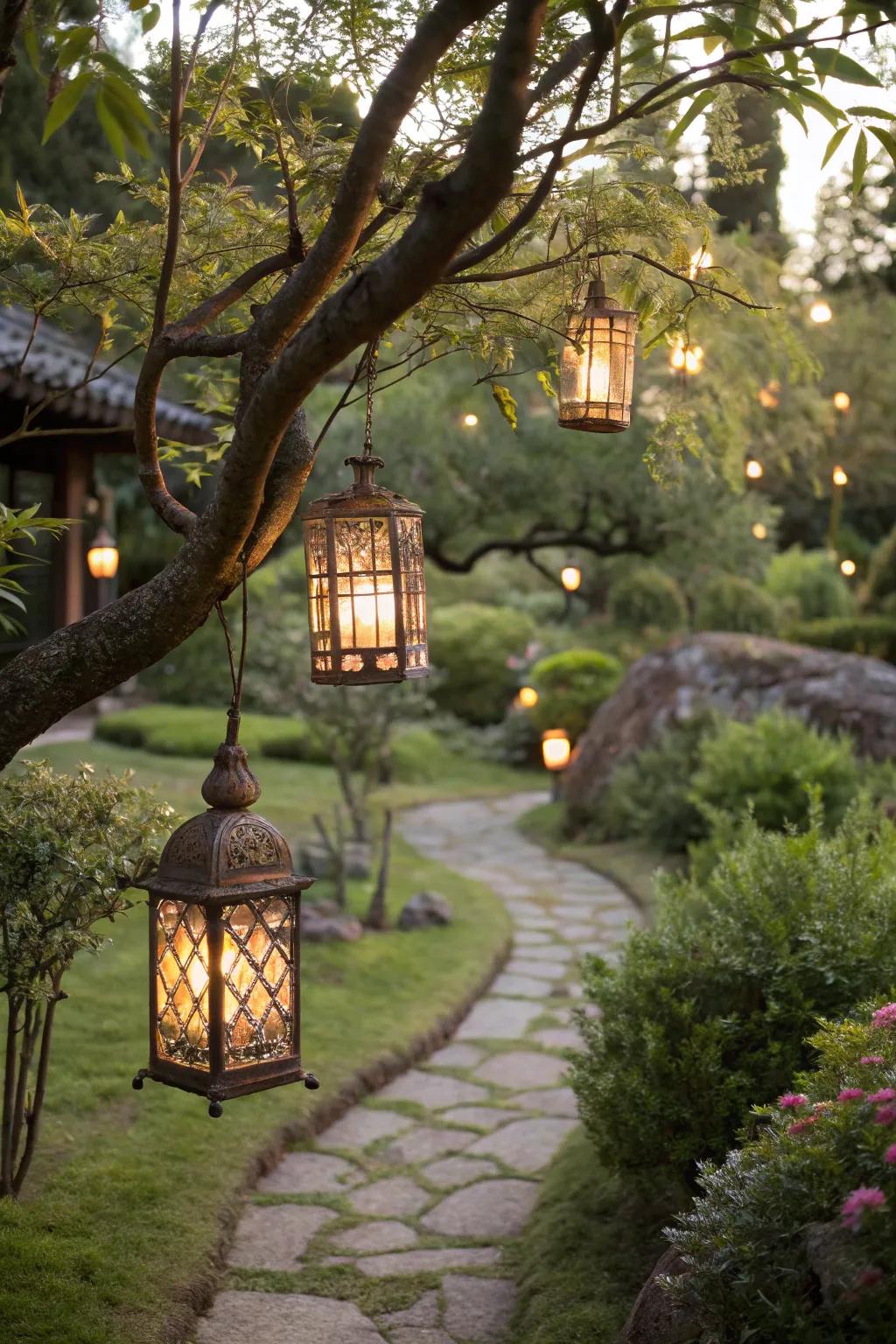 Lights create a magical ambiance for garden nights.