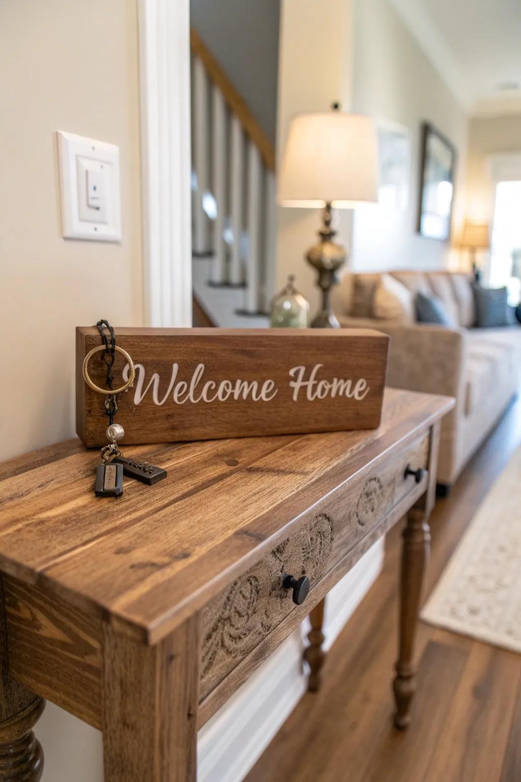 An etched catch-all provides both practicality and a welcoming accent to any entryway.