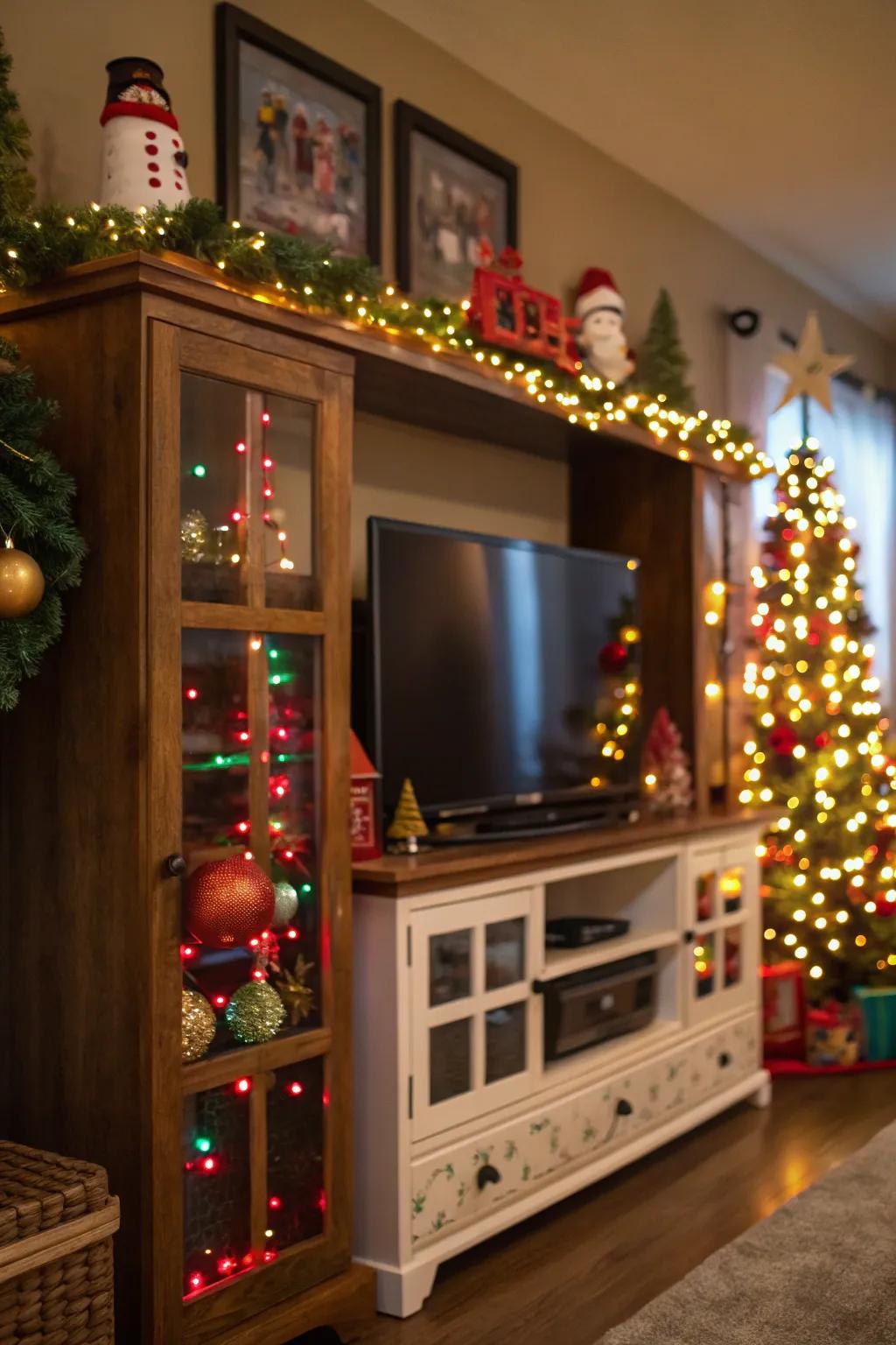 Seasonal décor introduces a festive element to this entertainment space.