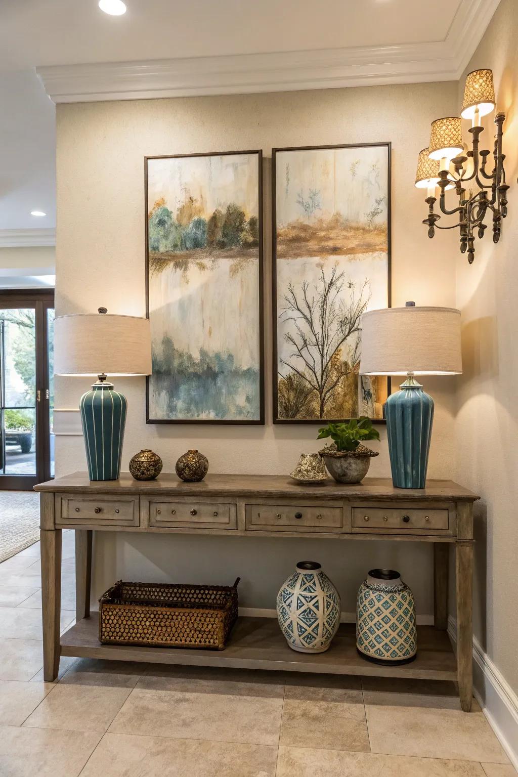 Artistic pieces present a striking visual element for your entry area.