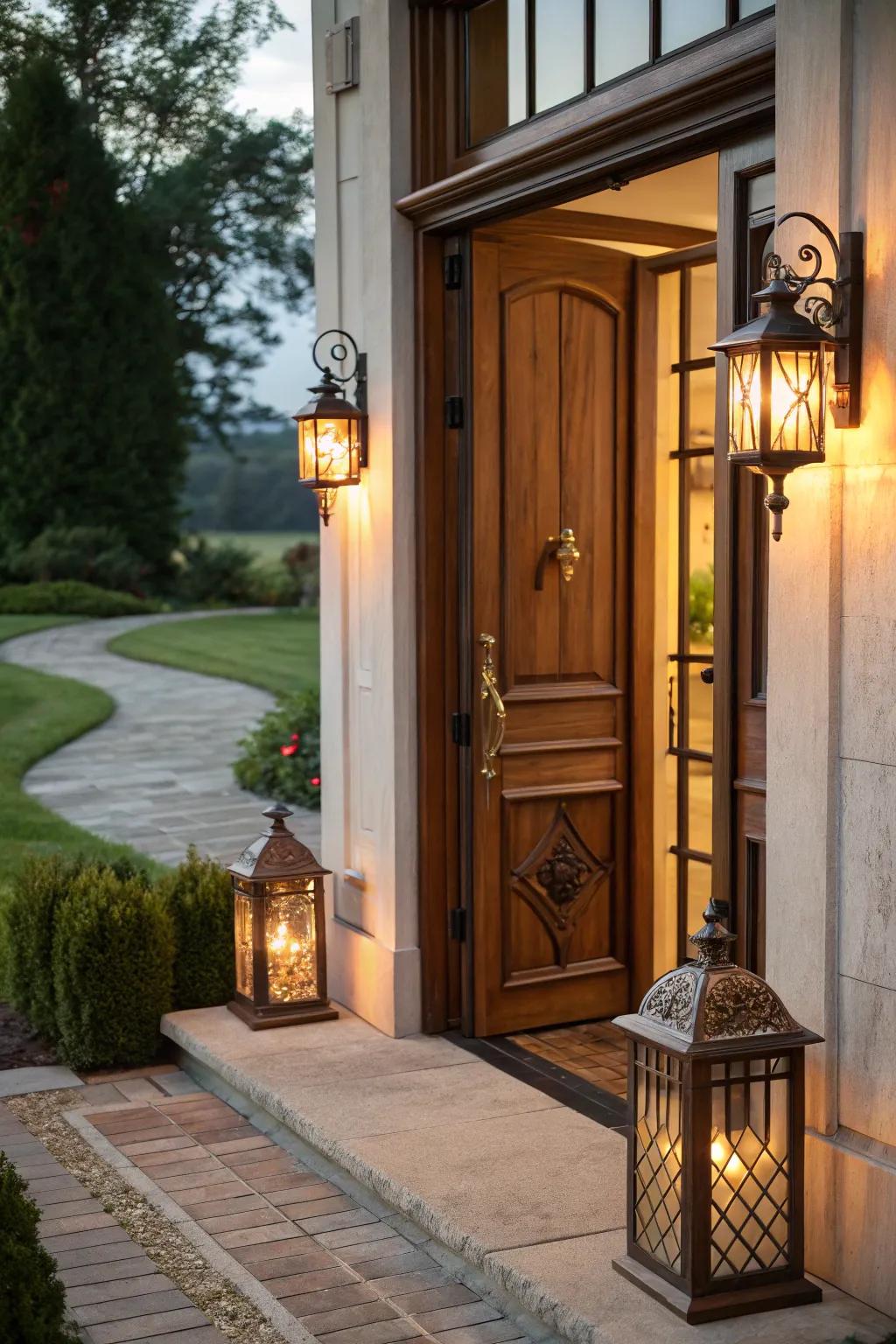 Decorative lighting enhances the warmth of the entryway.