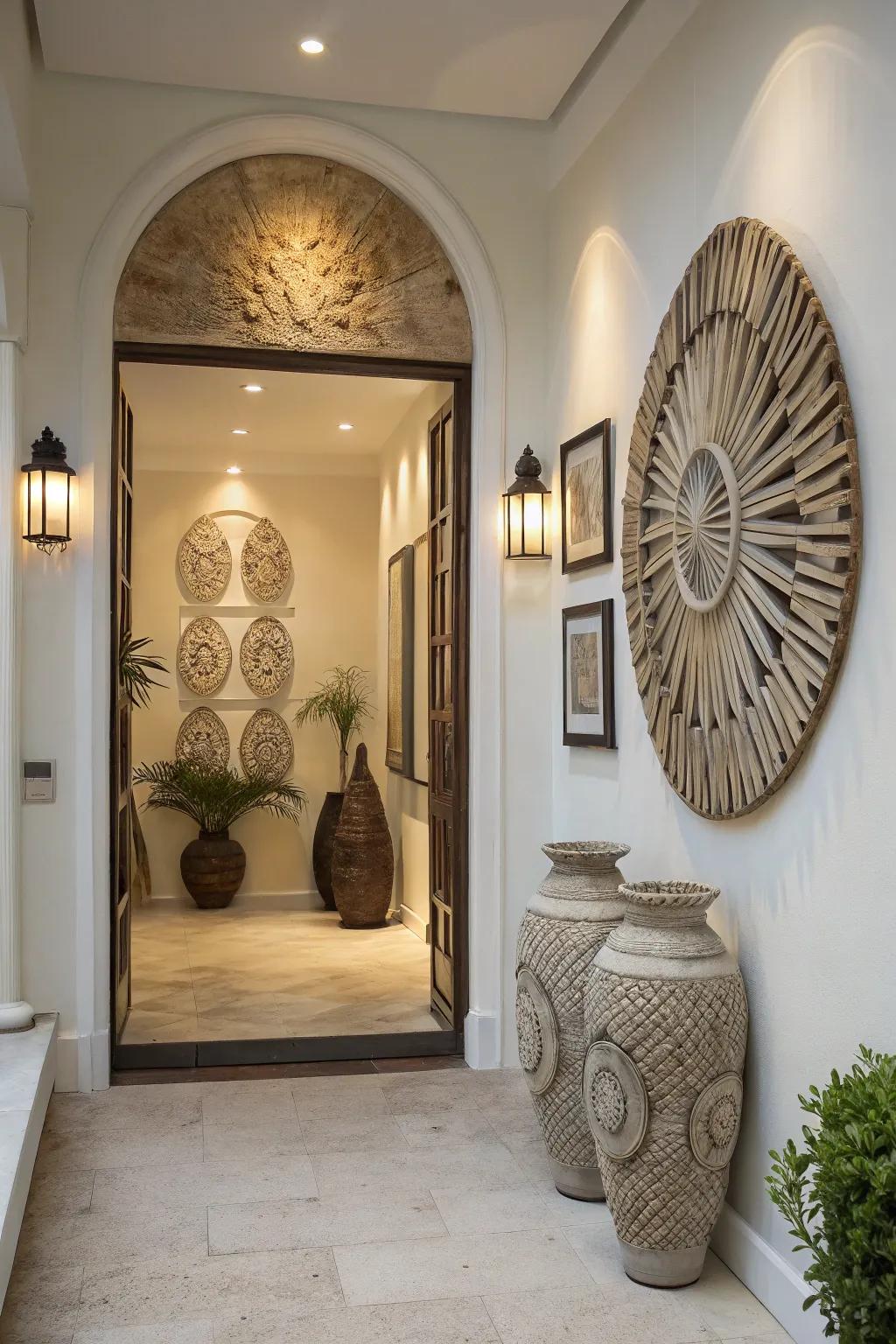 Three-dimensional wall art enriches entryways with dimension and sophistication.
