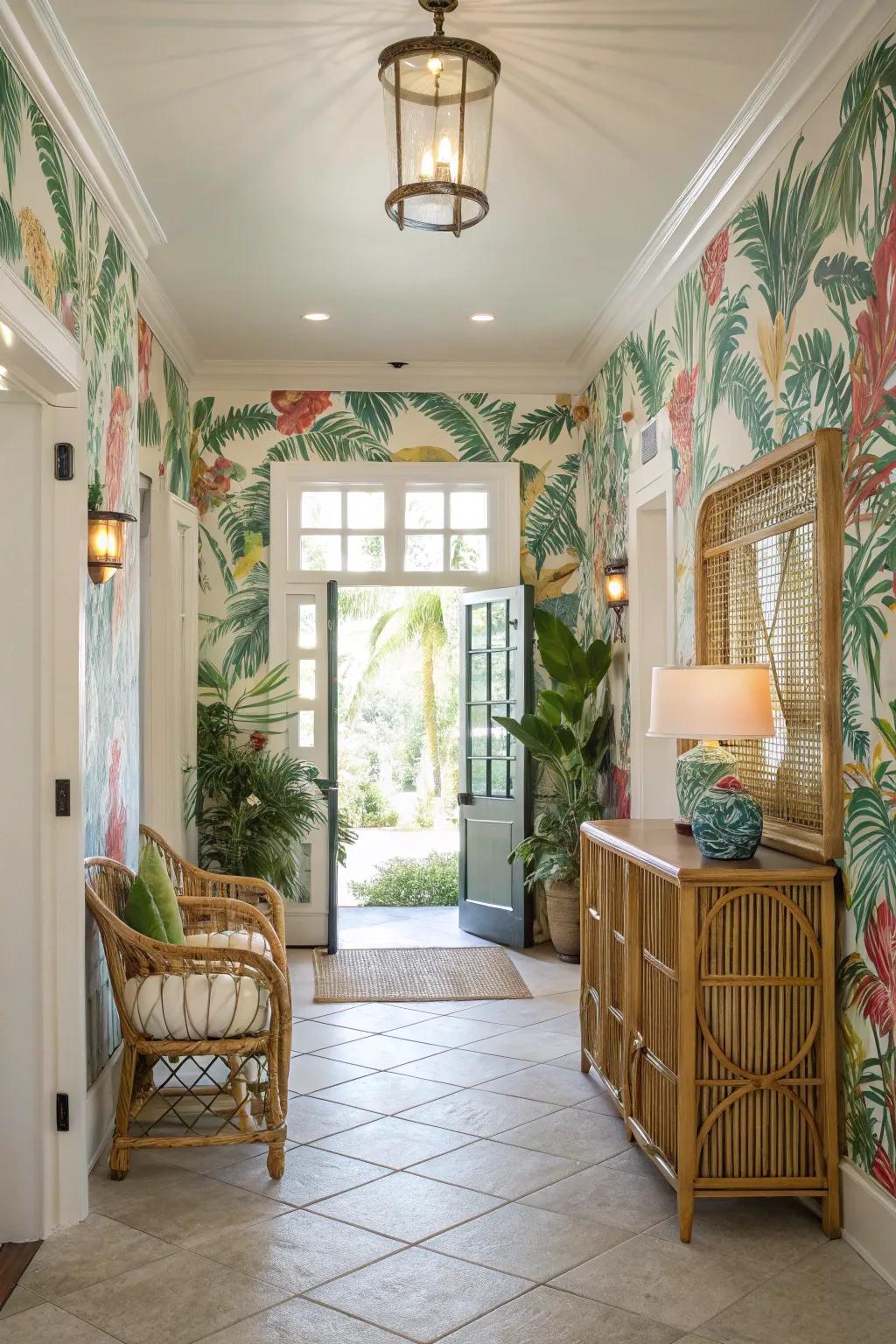 A vibrant entryway showcases tropical wallpaper, offering a warm welcome.
