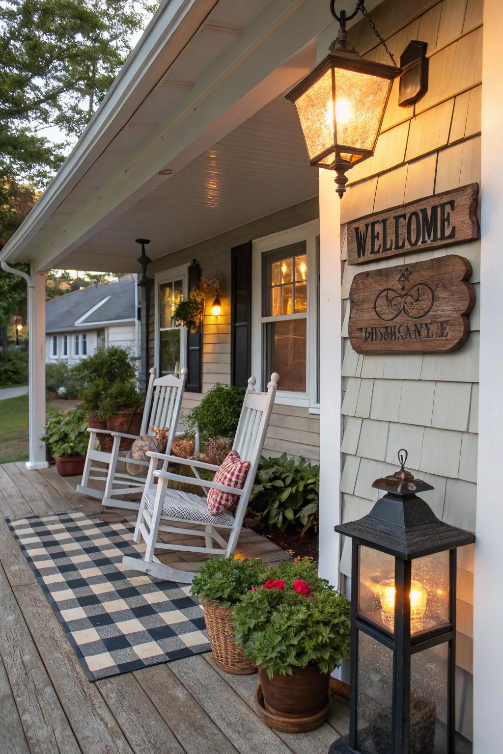 A personalized marker adorning the porch extends an invitation for relaxation and enjoyment.
