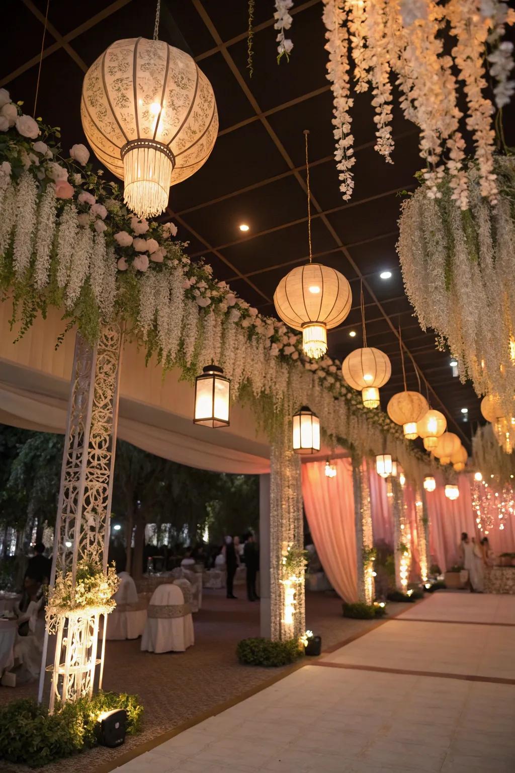 Celebratory suspension decor introduces whimsy and charm.