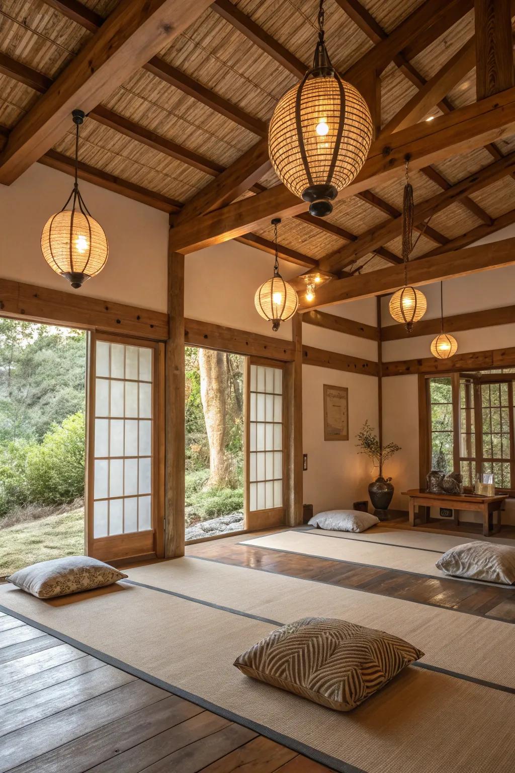Unified organic aesthetic merges with timber components and beams.
