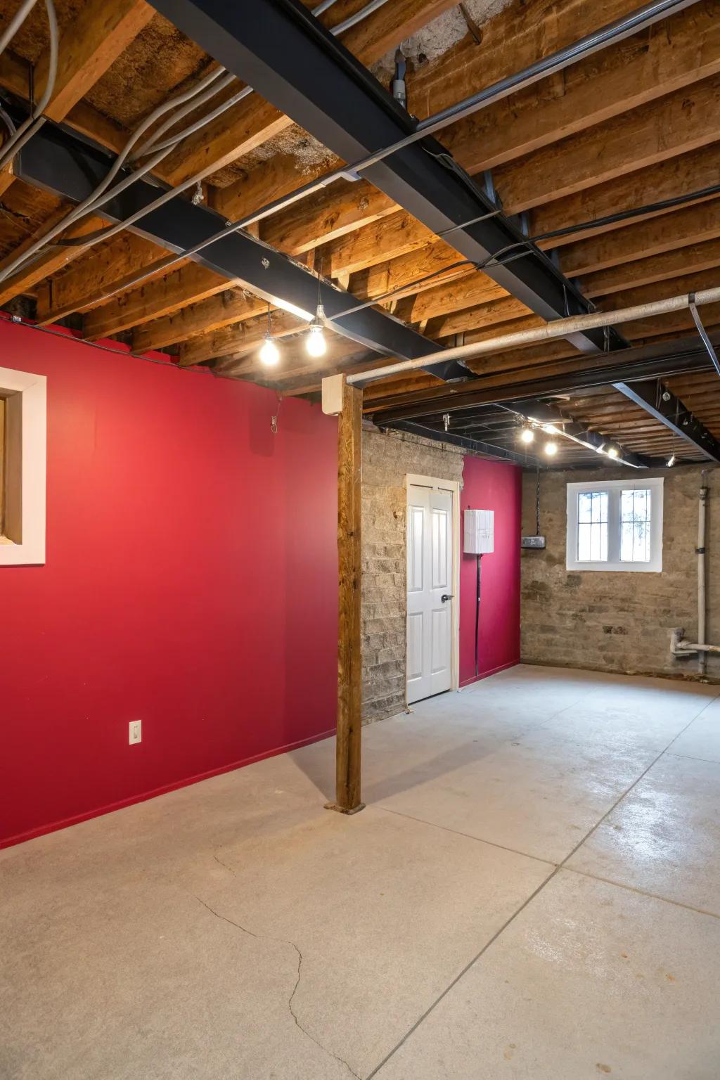 A striking emphasized wall injects character and depth into a basement featuring a bare ceiling.