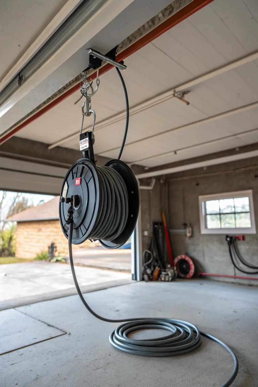 A retractable reel keeps cords ready for use without clutter.