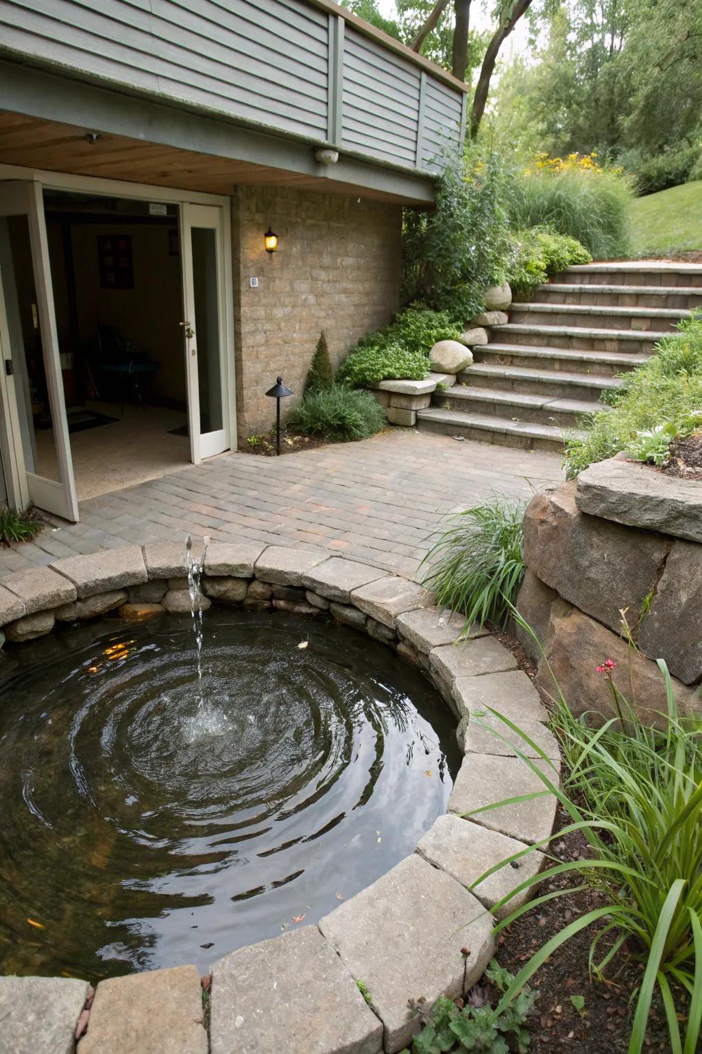 A tranquil pond near a walkout basement improves the peaceful atmosphere.