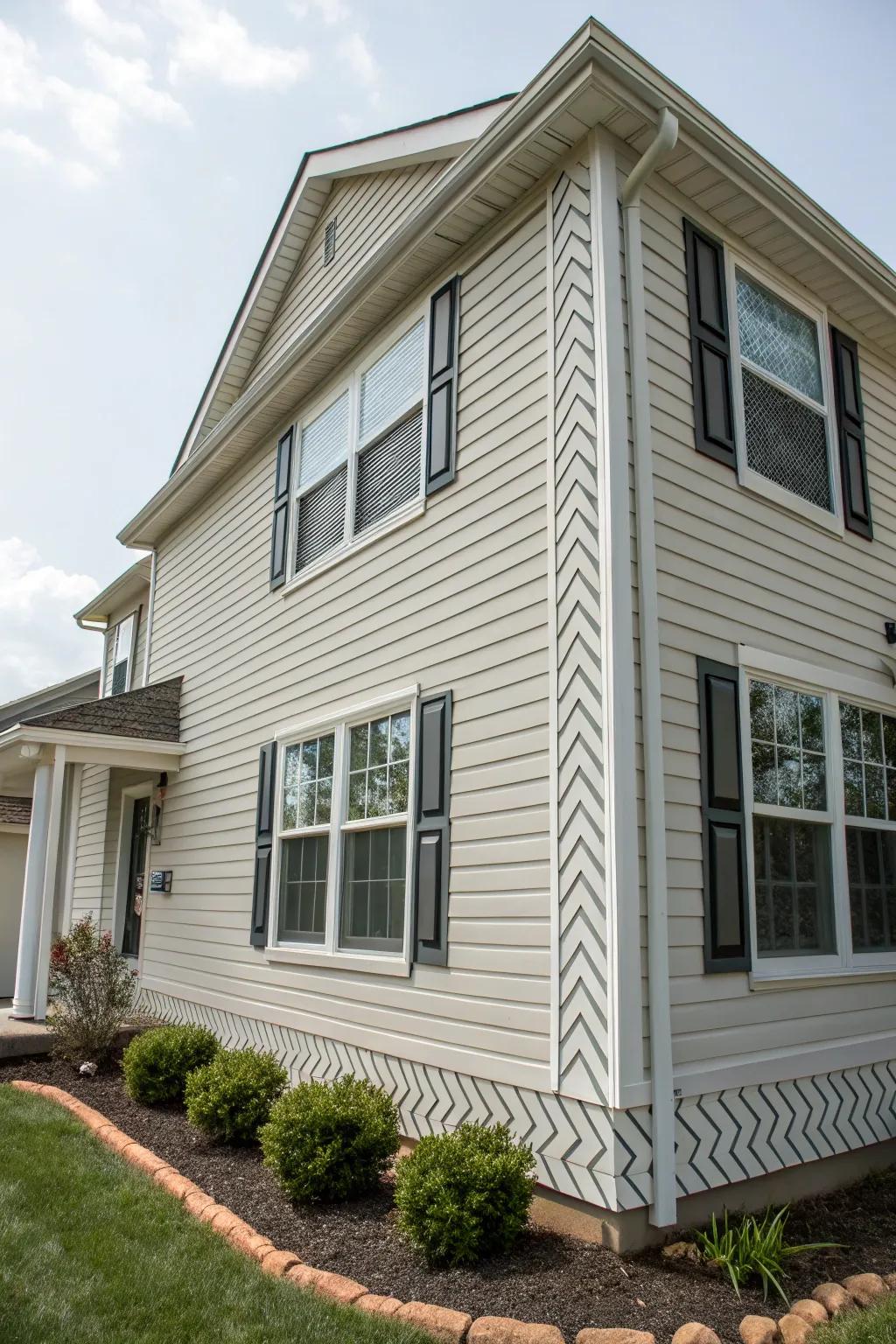 Patterned frames add a distinctive texture to window exteriors.