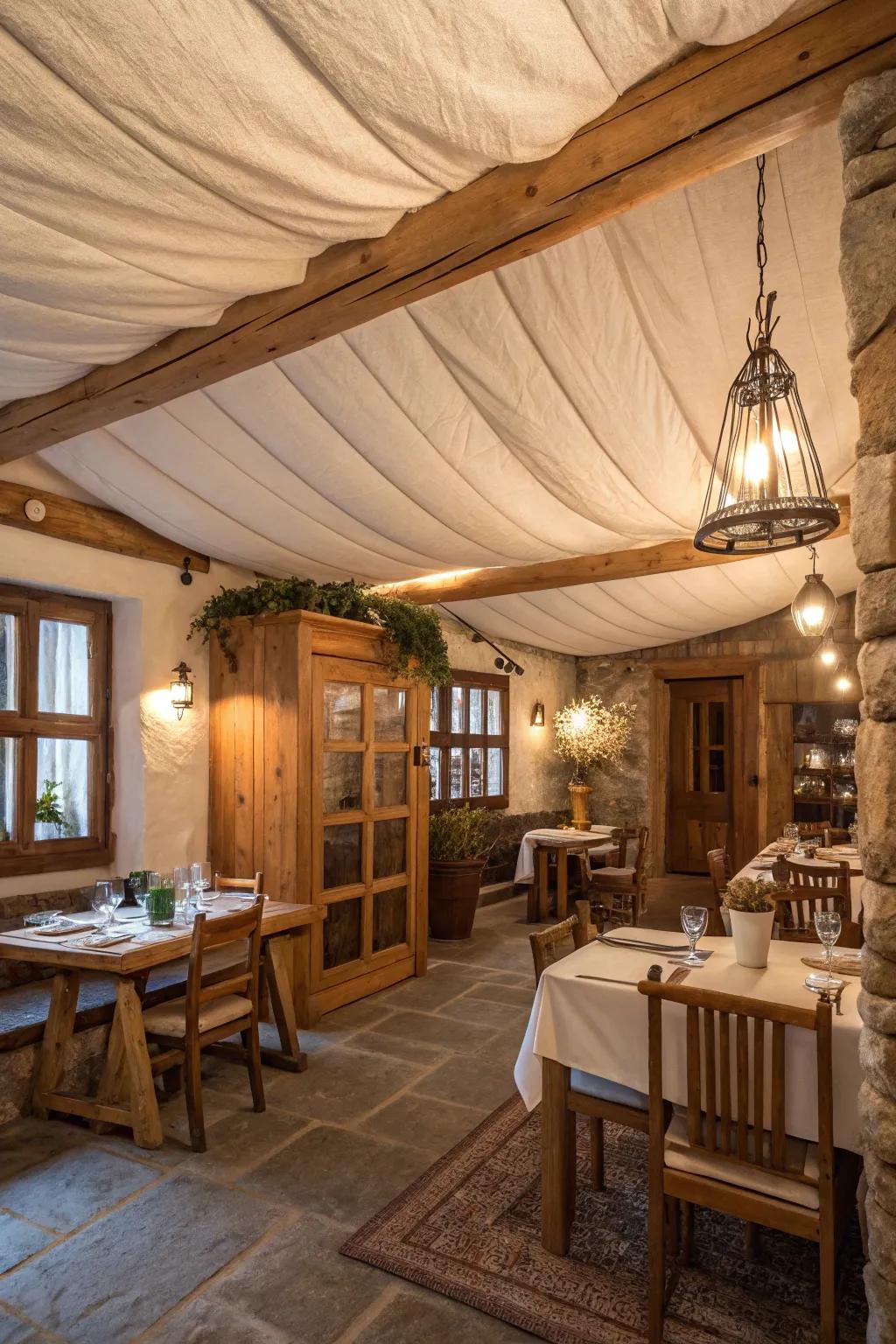 Create a country getaway with natural fabric ceilings.