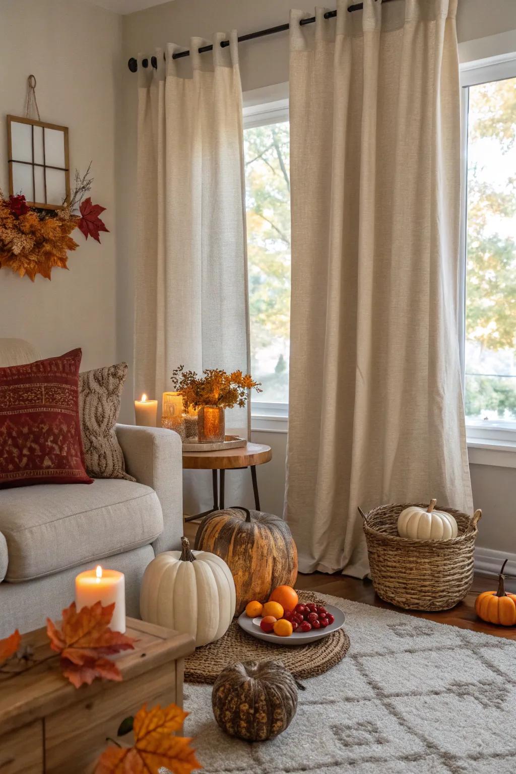 Neutral-toned drapes add elegance to fall-themed décor.