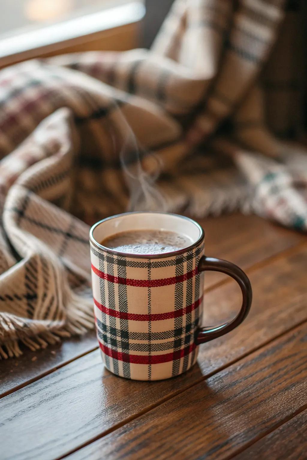 A cup featuring a nostalgic plaid pattern.