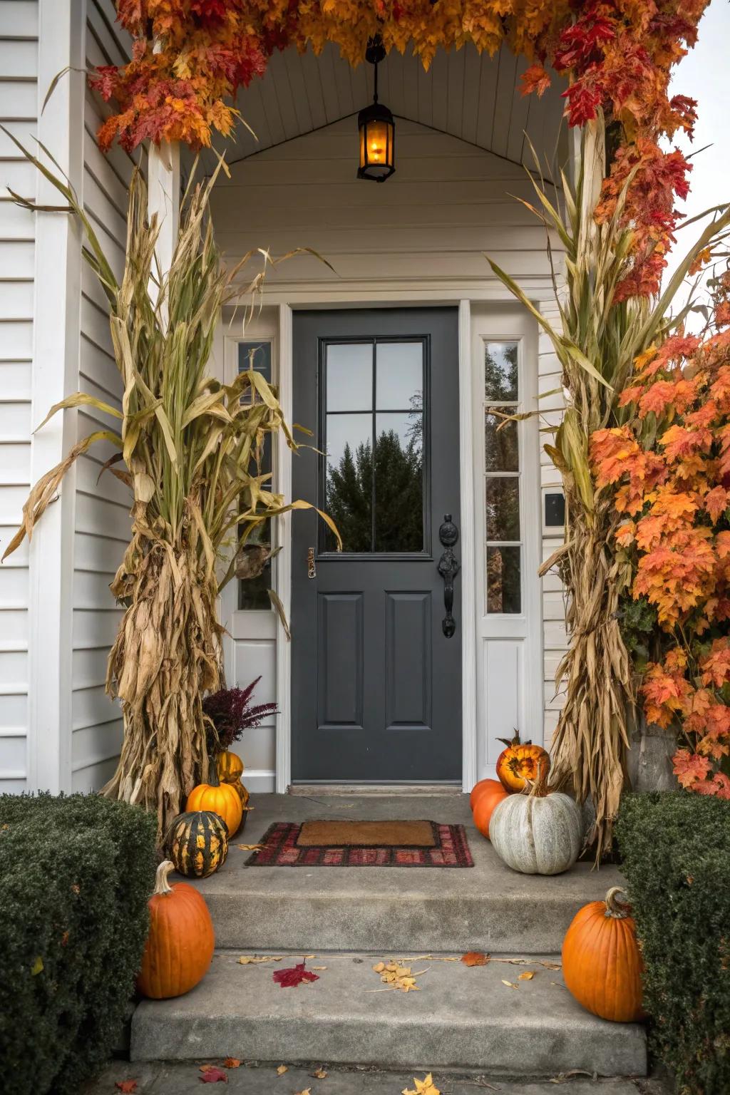Cane stalks add height and spectacle to a fall-themed entrance.