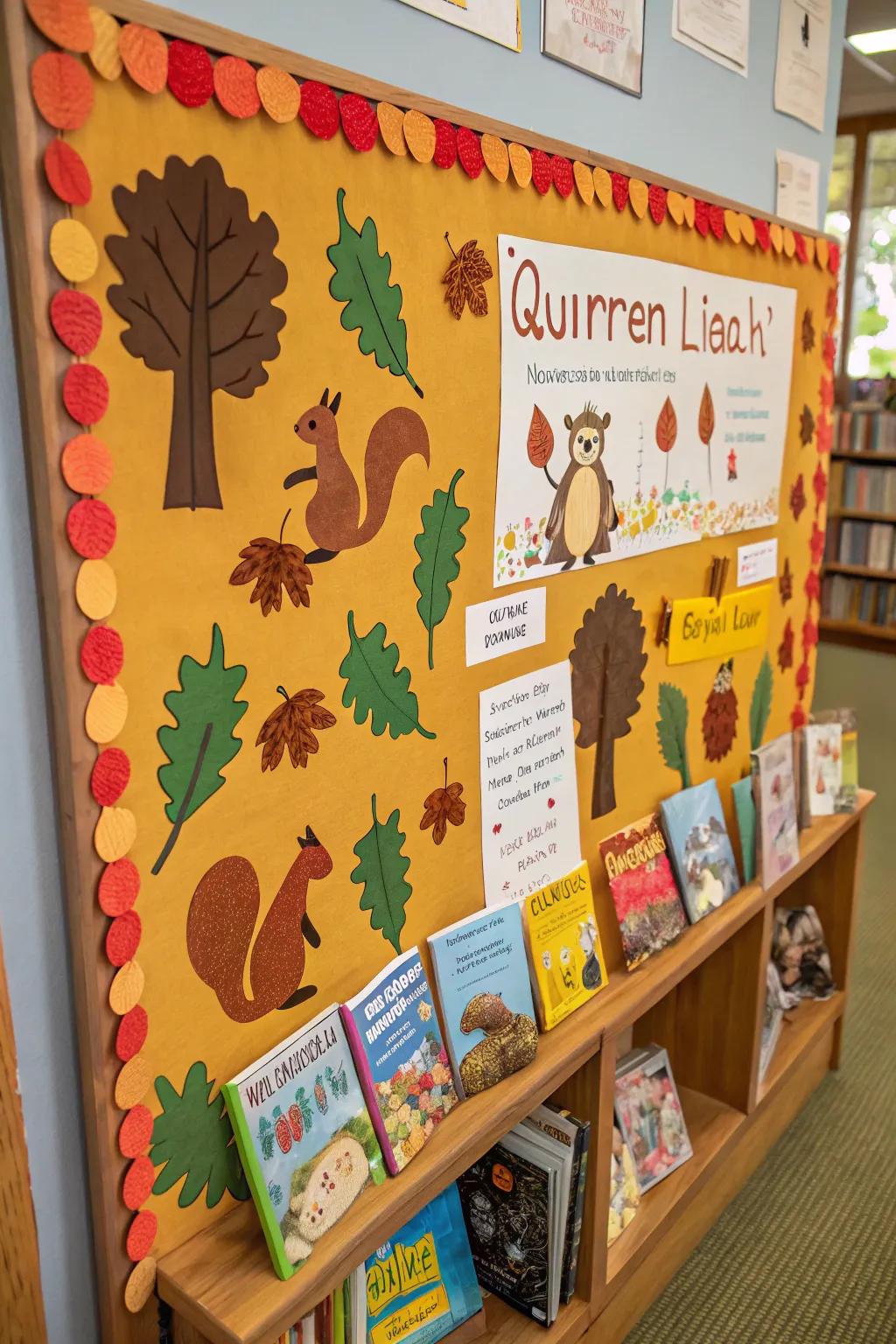 A playful rodent themed bulletin board accumulating literary acorns.