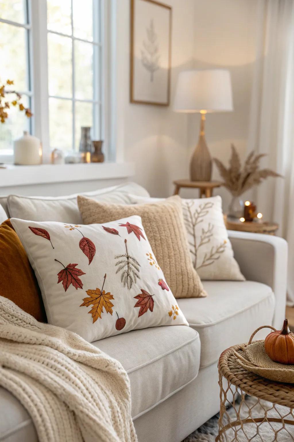 Neutral pillows with fall accents provide understated elegance.