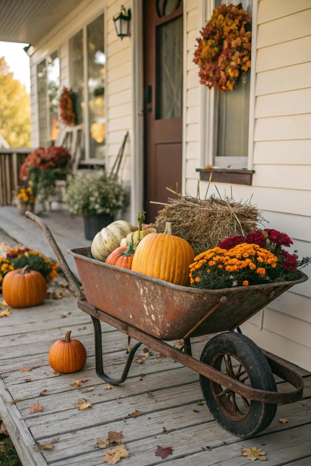 A vintage wheelbarrow adds a charming rustic touch to the fall porch.