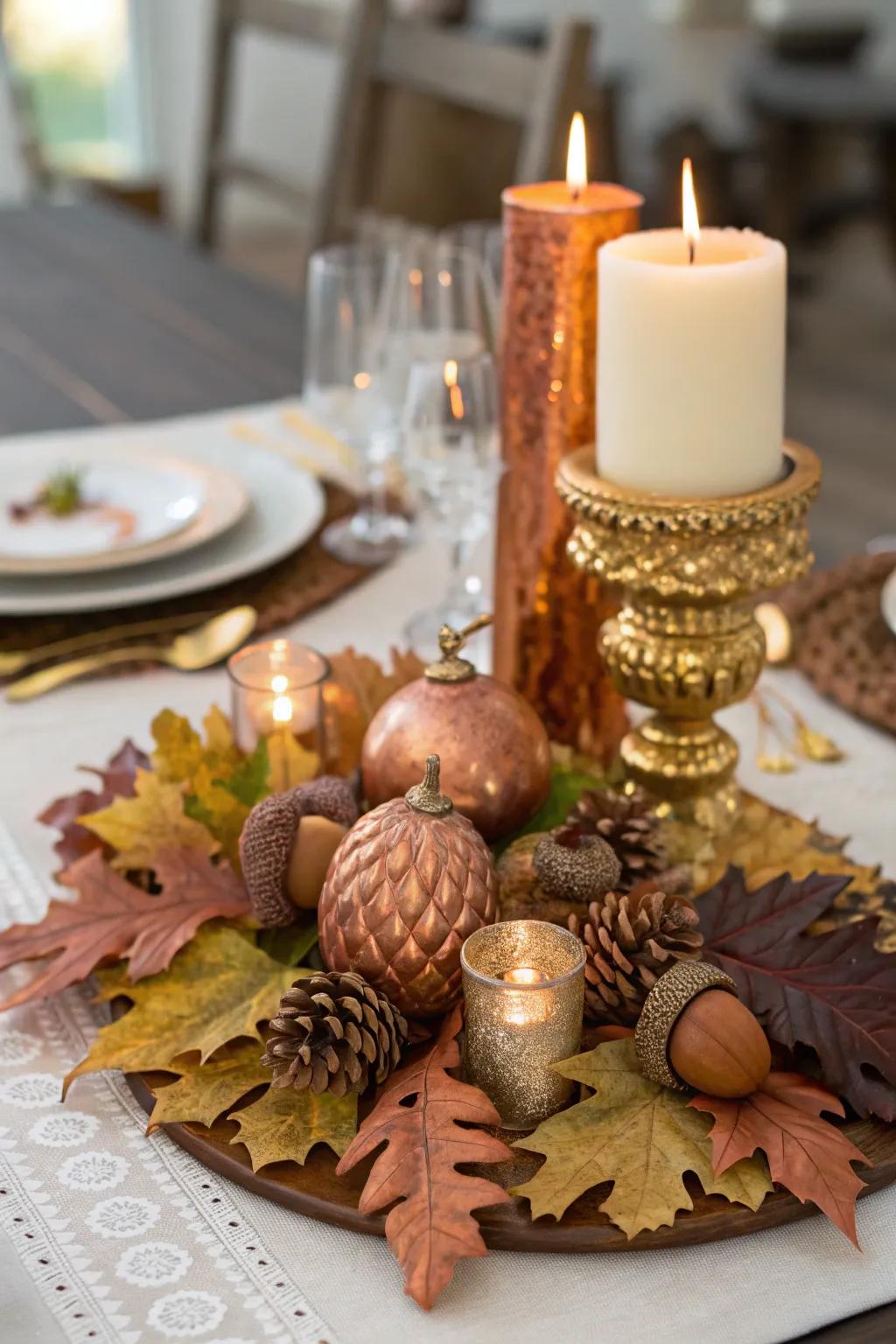 Metallic accents add unexpected refinement to your autumn table.