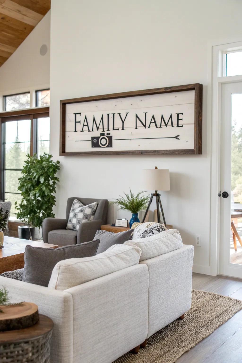 A lineage name marker with ornamental graphics in a contemporary setting.