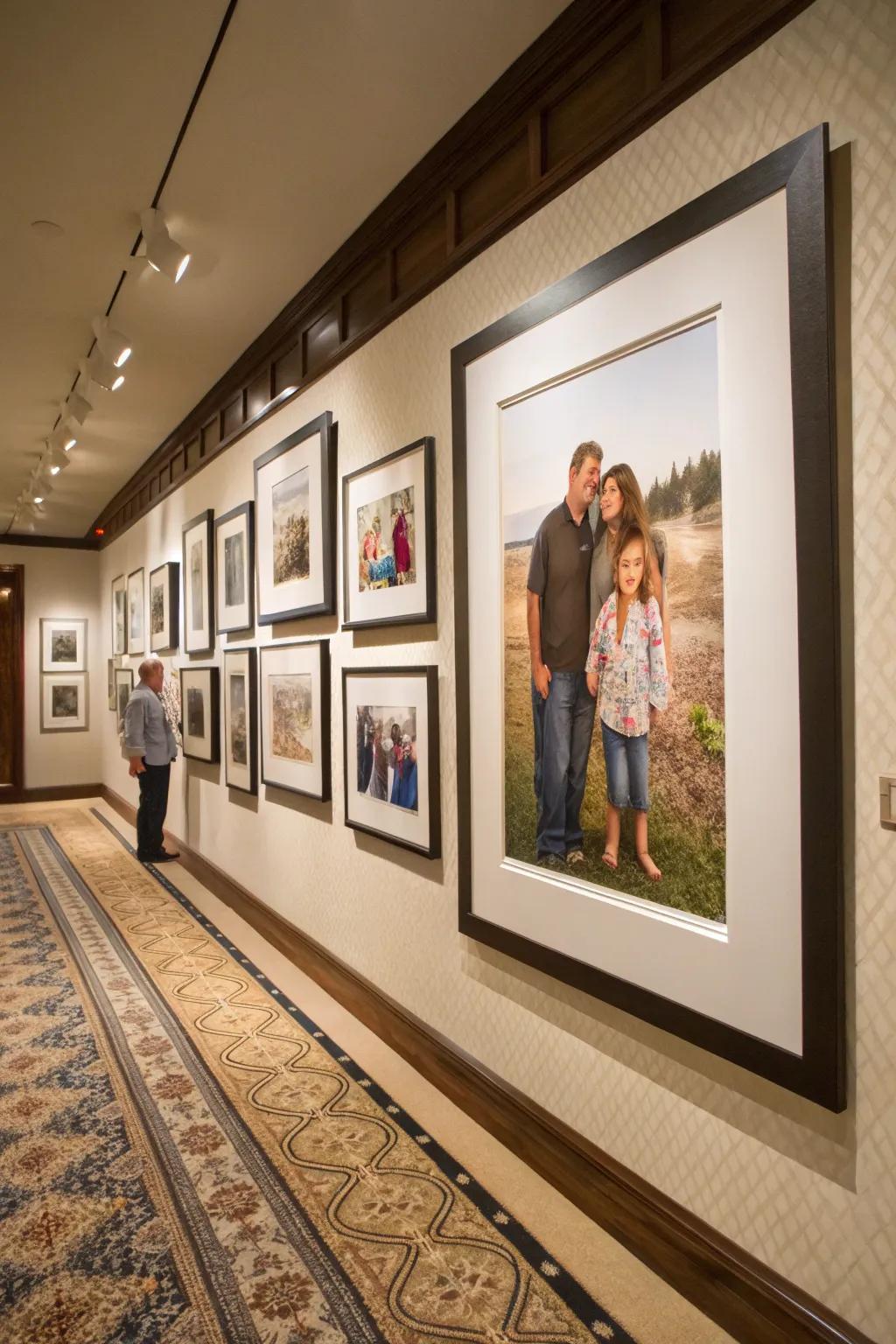 Photo wall with oversized mats for a dramatic impact.