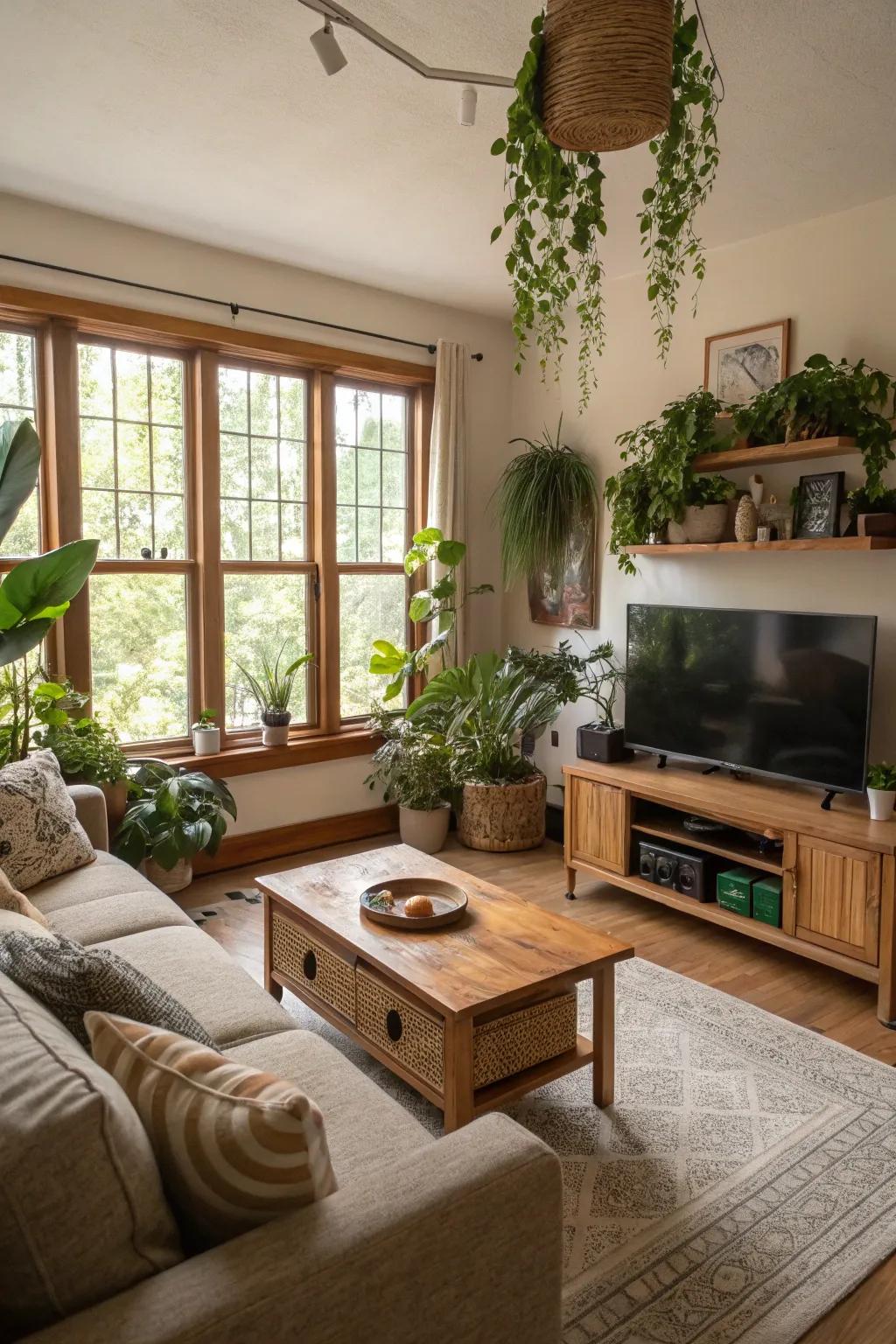 Plants and natural decor bring warmth and life to the family room.