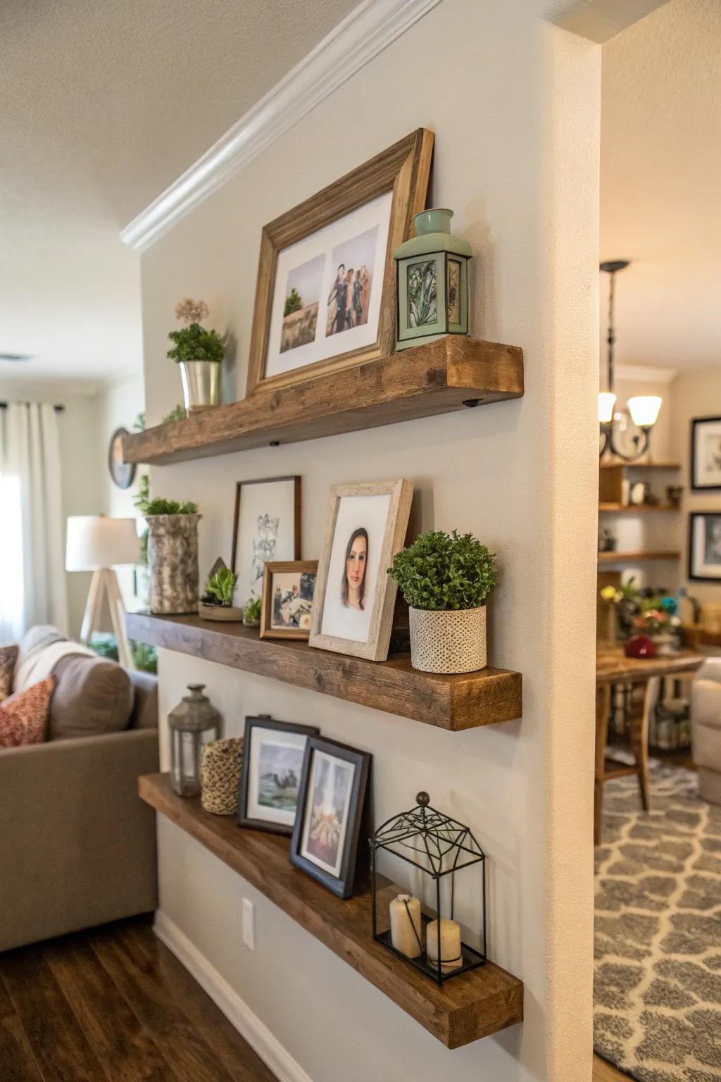 Elevated ledging offering a versatile showcase for family portraits and decor.