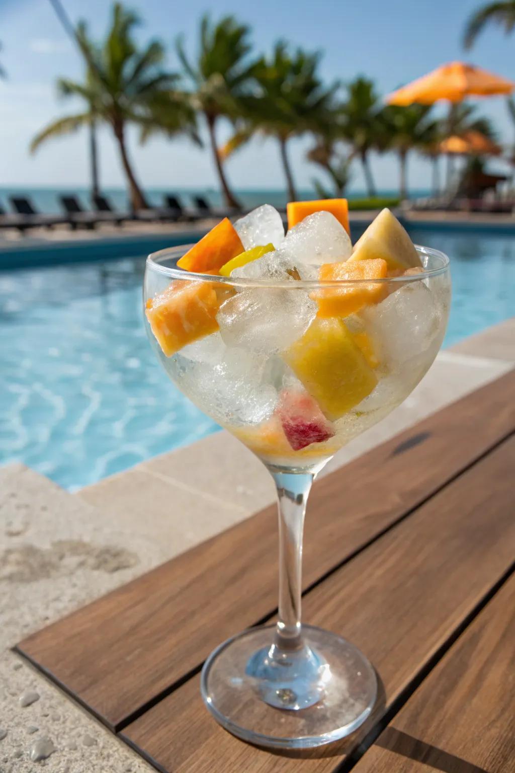 Tropical fruit ice cubes for a seaside atmosphere.