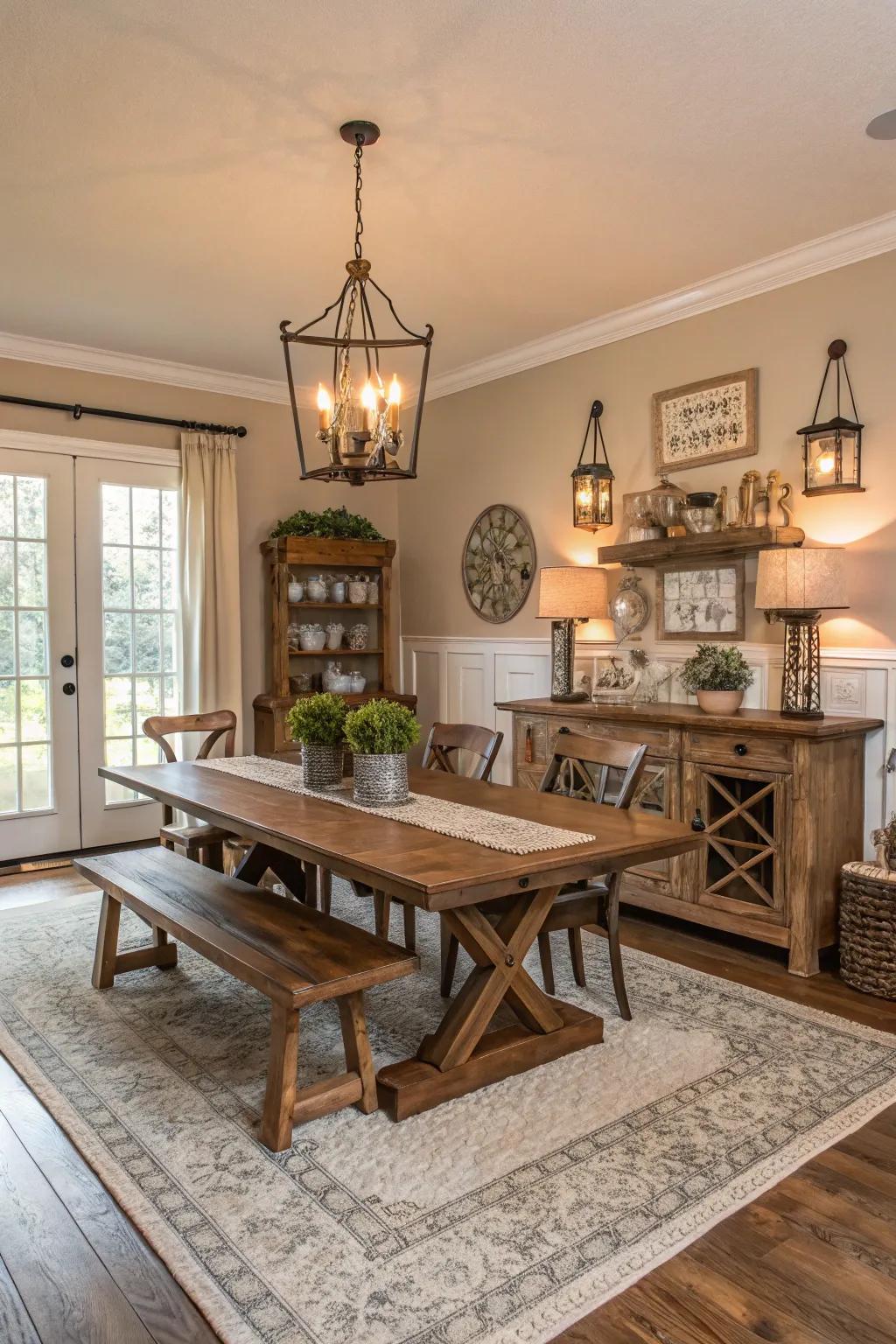 A neutral color palette establishes a peaceful and welcoming ambiance within this dining room.