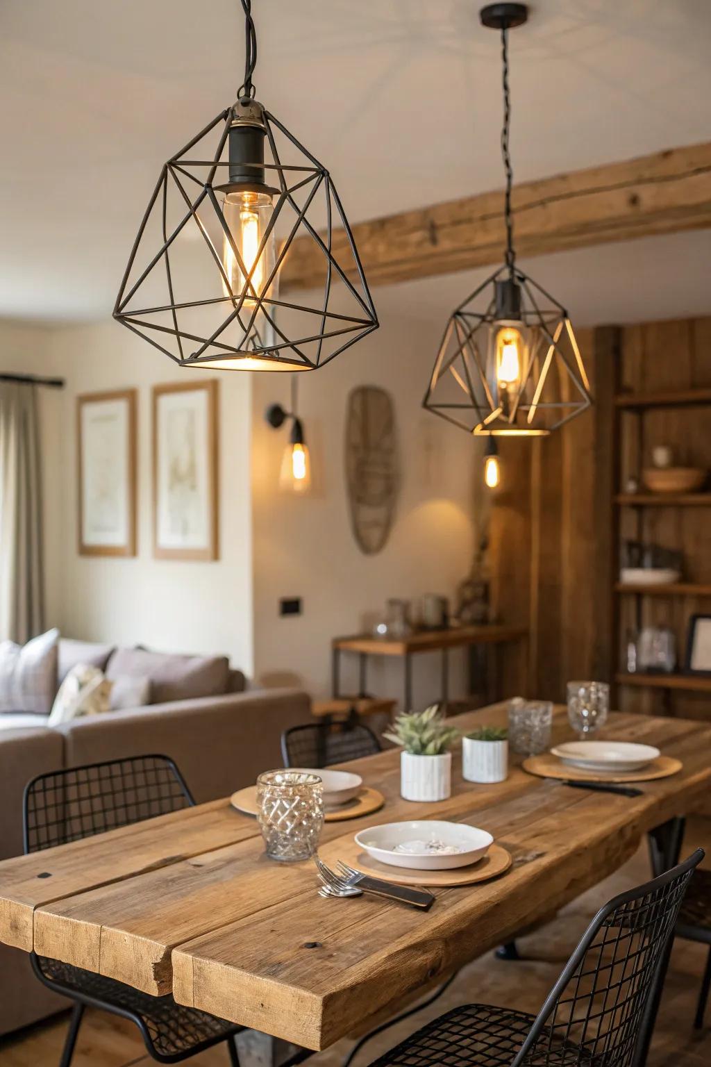 Shaped metal layouts bring a modern edge to farmhouse lighting.