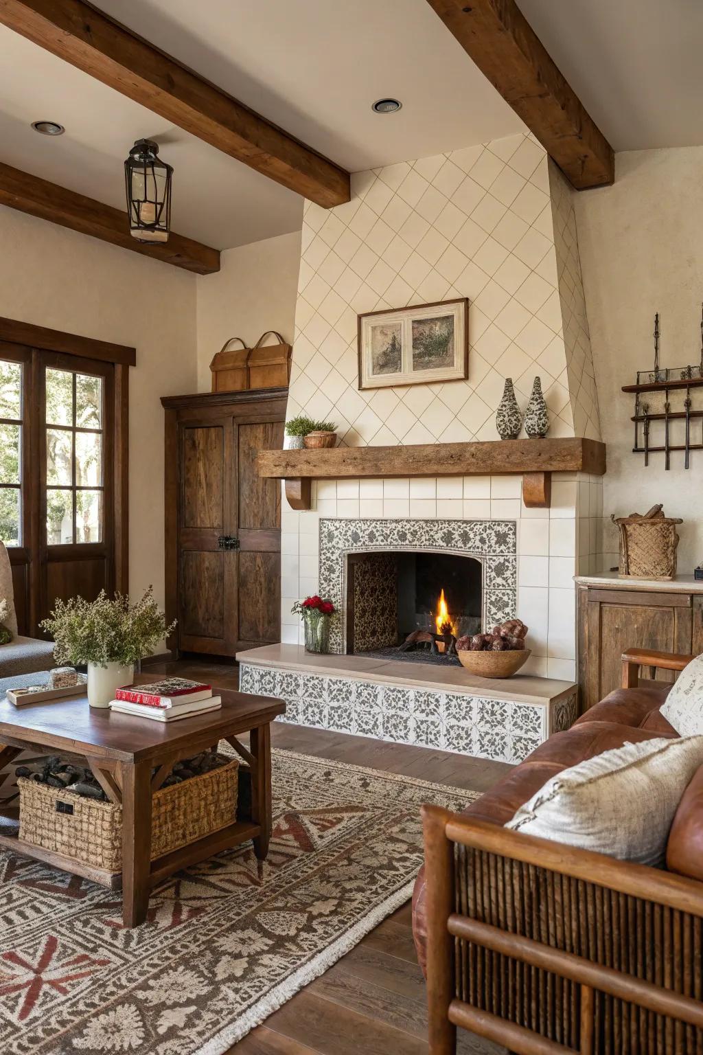 Impressive full-length tiles featured on a farmhouse fireplace.